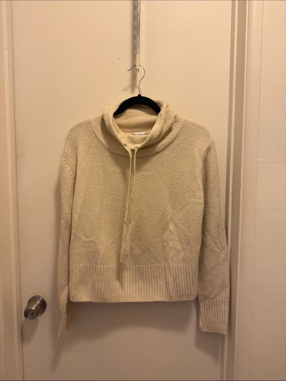CAbi Cream Funnel Neck Drawstring Sweater